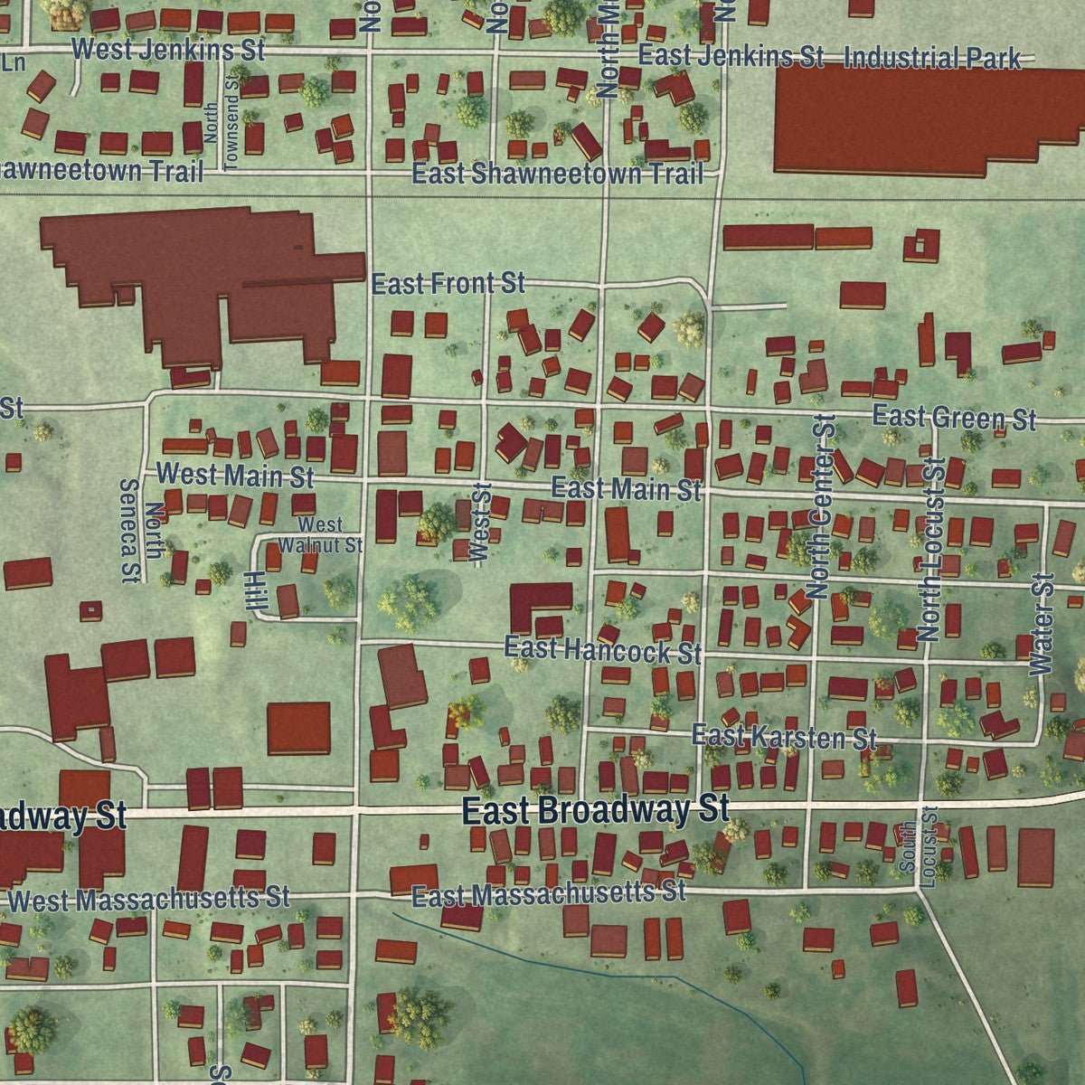 Close-up of the map of Steeleville, Illinois print showing street and building detail
