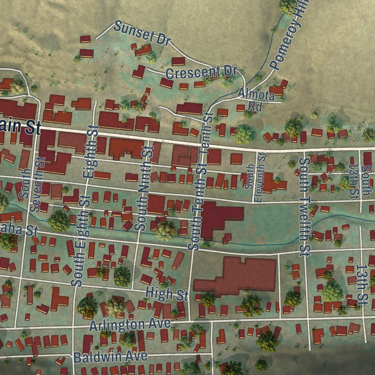 Close-up of the map of Pomeroy, Washington print showing street and building detail