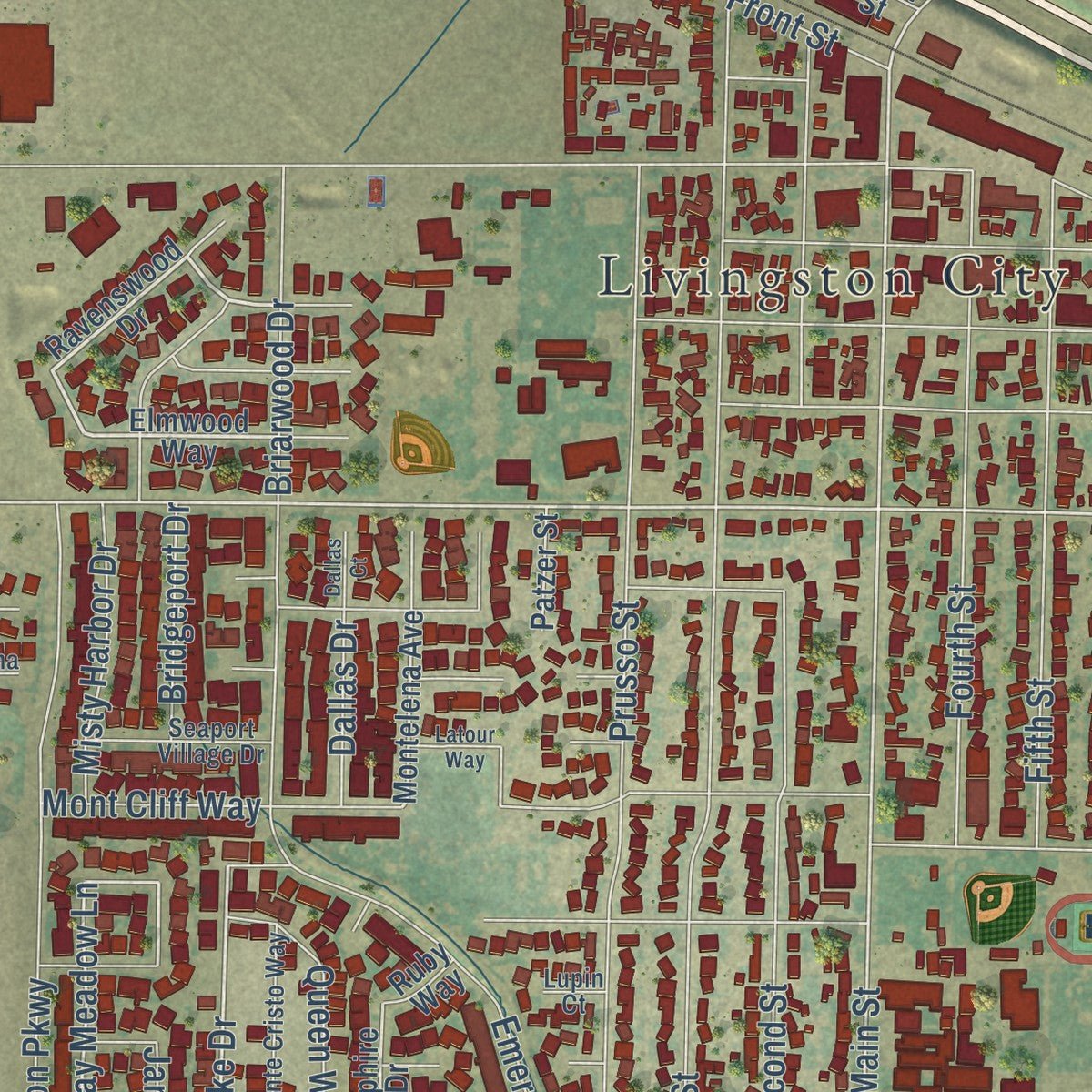 Close-up of the map of Livingston, California print showing street and building detail