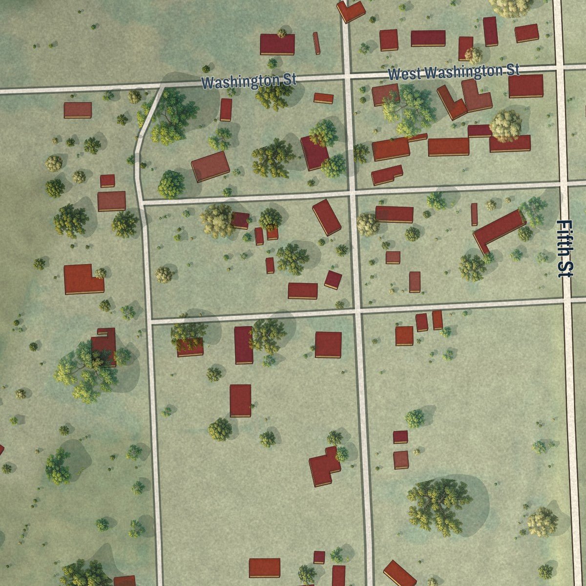 Close-up of the map of Delaware, Iowa print showing street and building detail