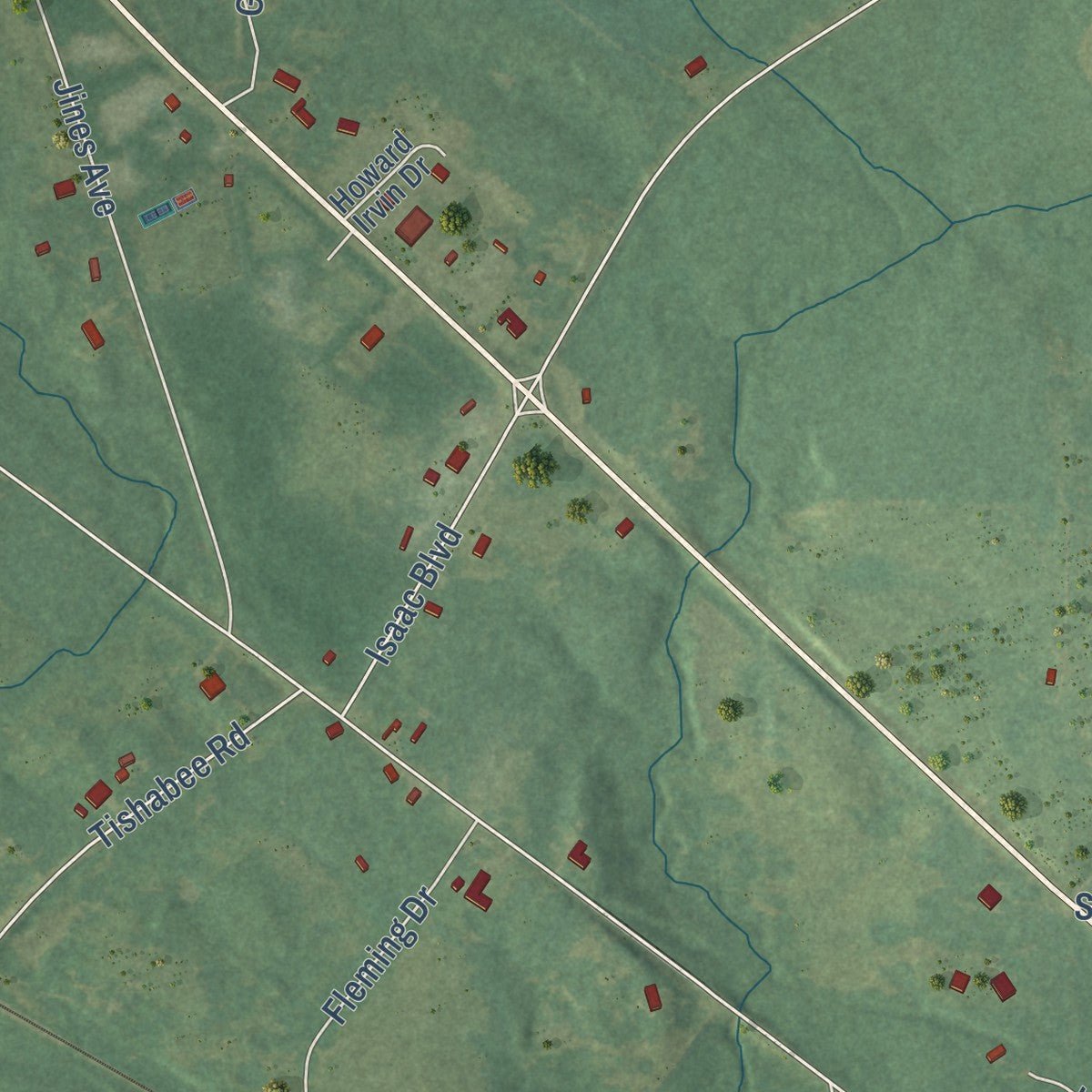 Close-up of the map of Forkland, Alabama print showing street and building detail