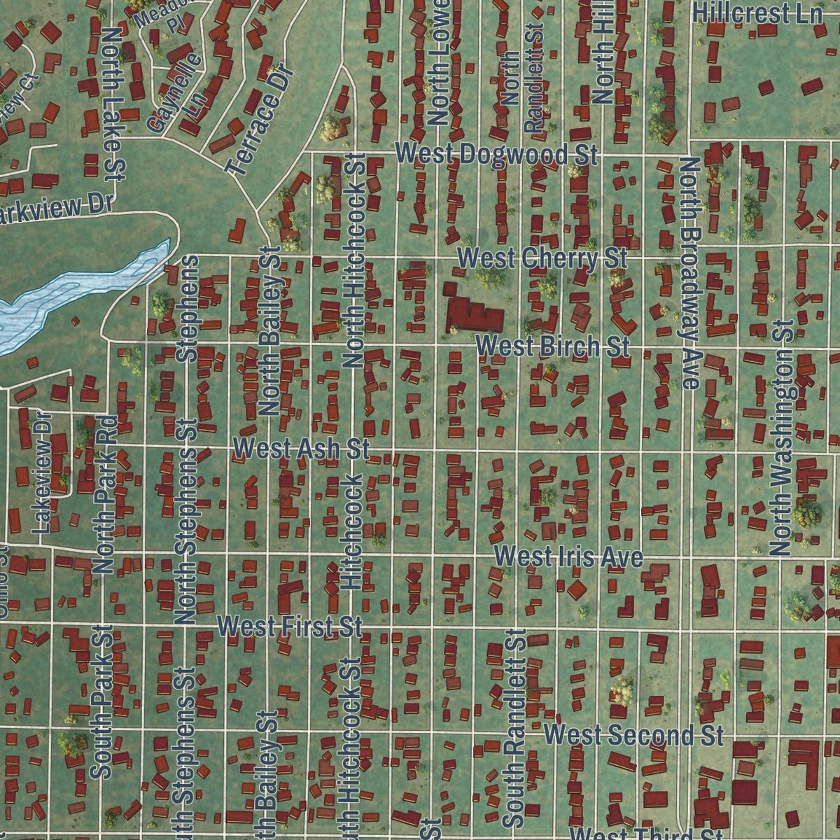 Close-up of the map of Hobart, Oklahoma print showing street and building detail