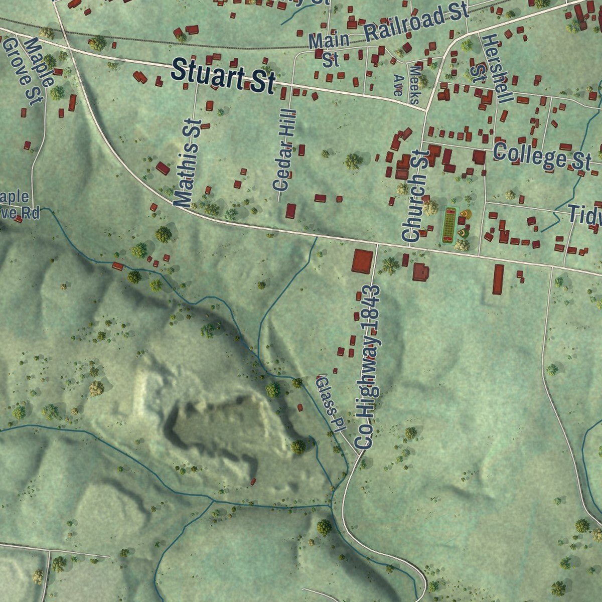 Close-up of the map of Burns, Tennessee print showing street and building detail