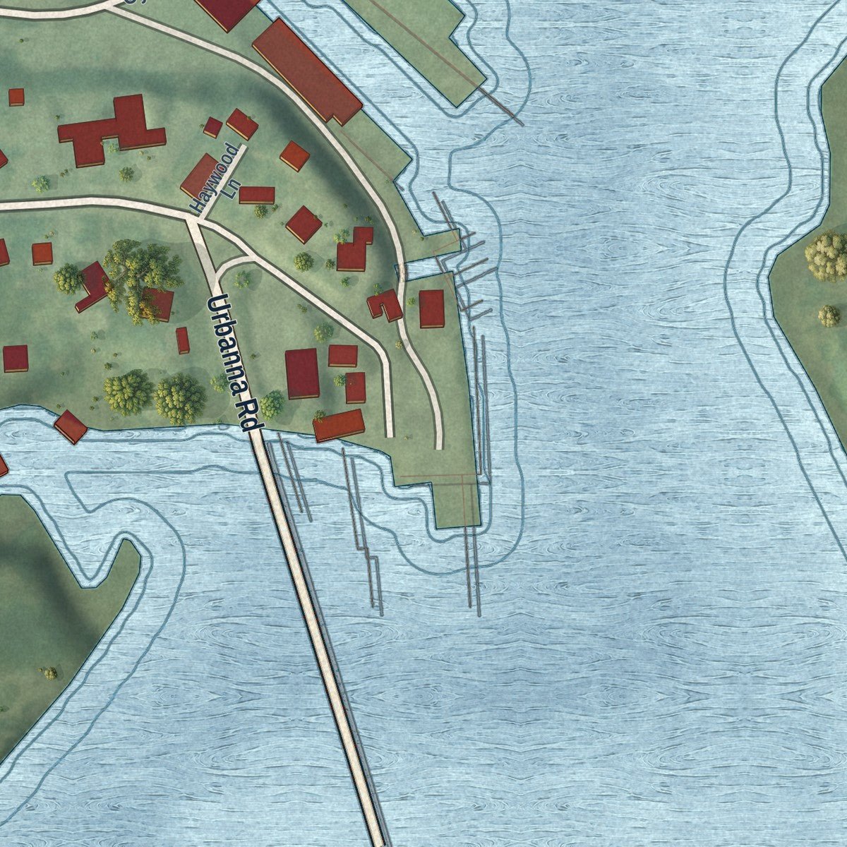 Close-up of the map of Urbanna, Virginia print showing street and building detail