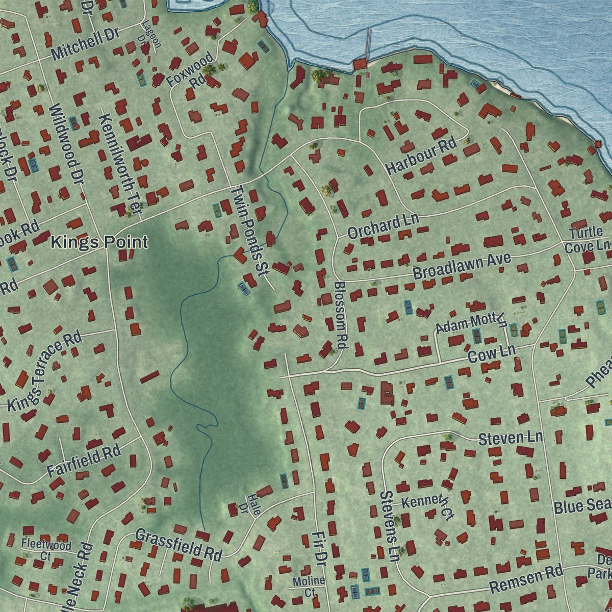 Close-up of the map of Kings Point, New York print showing street and building detail