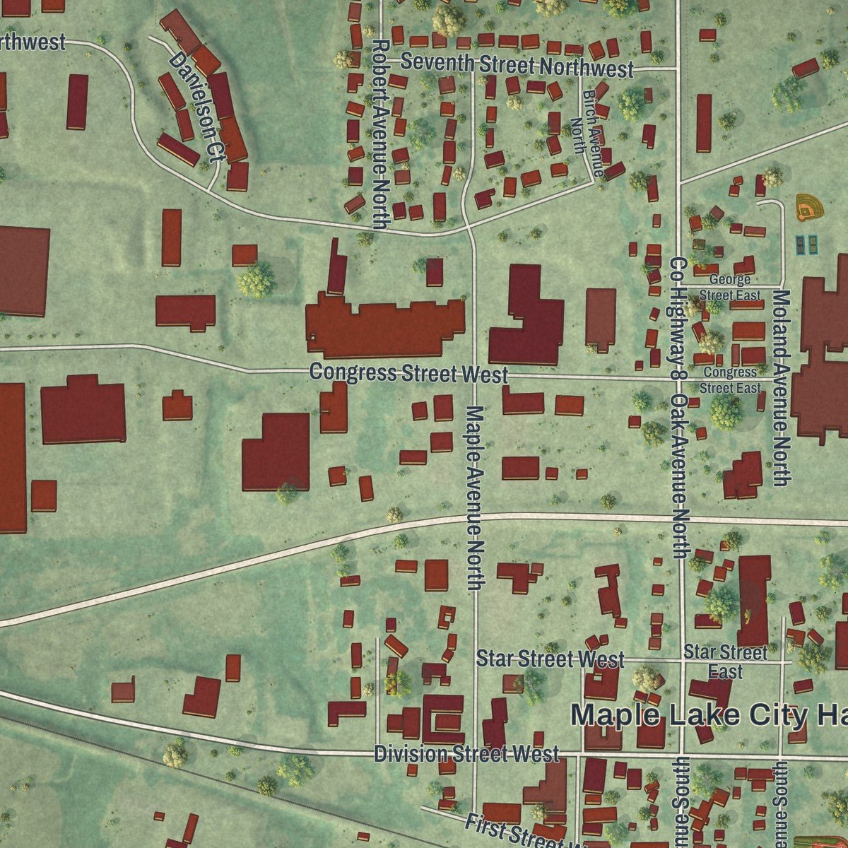Close-up of the map of Maple Lake, Minnesota print showing street and building detail
