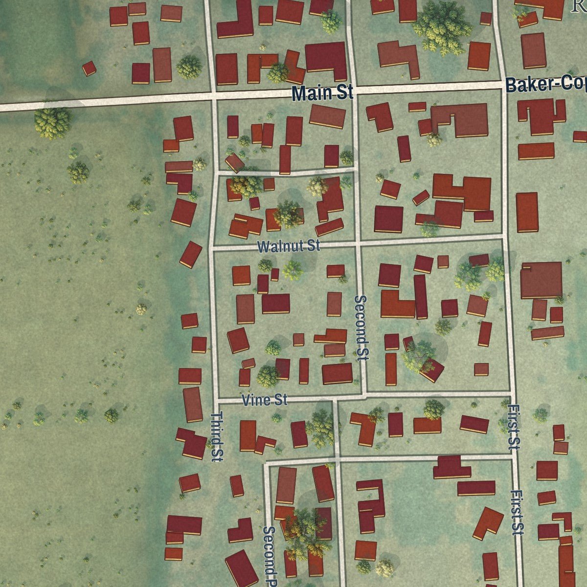 Close-up of the map of Richland, Oregon print showing street and building detail