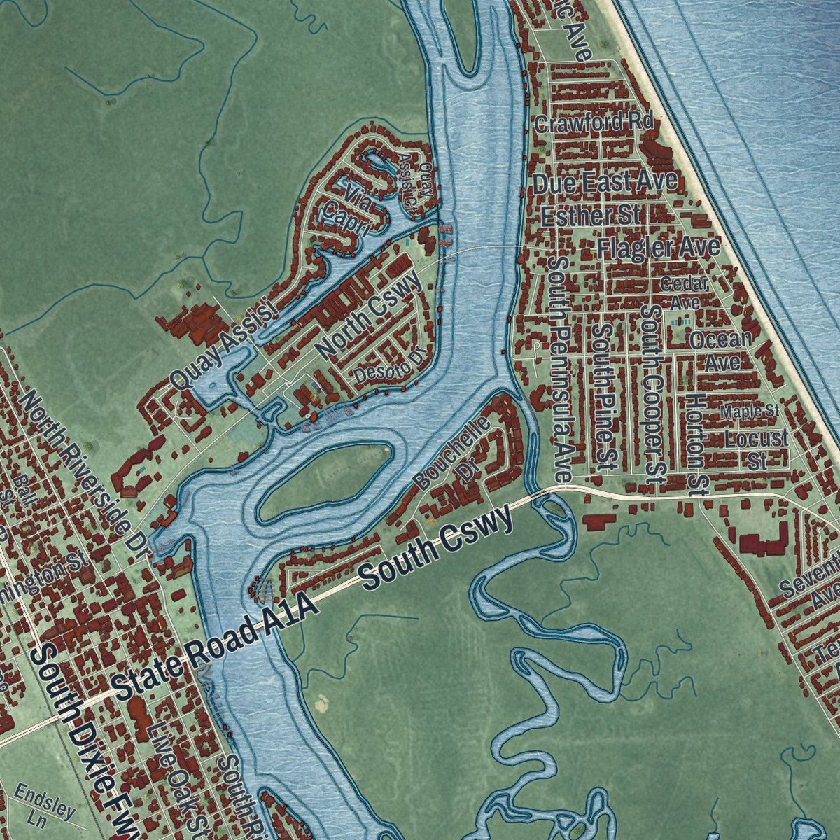 Close-up of the map of New Smyrna Beach, Florida print showing street and building detail