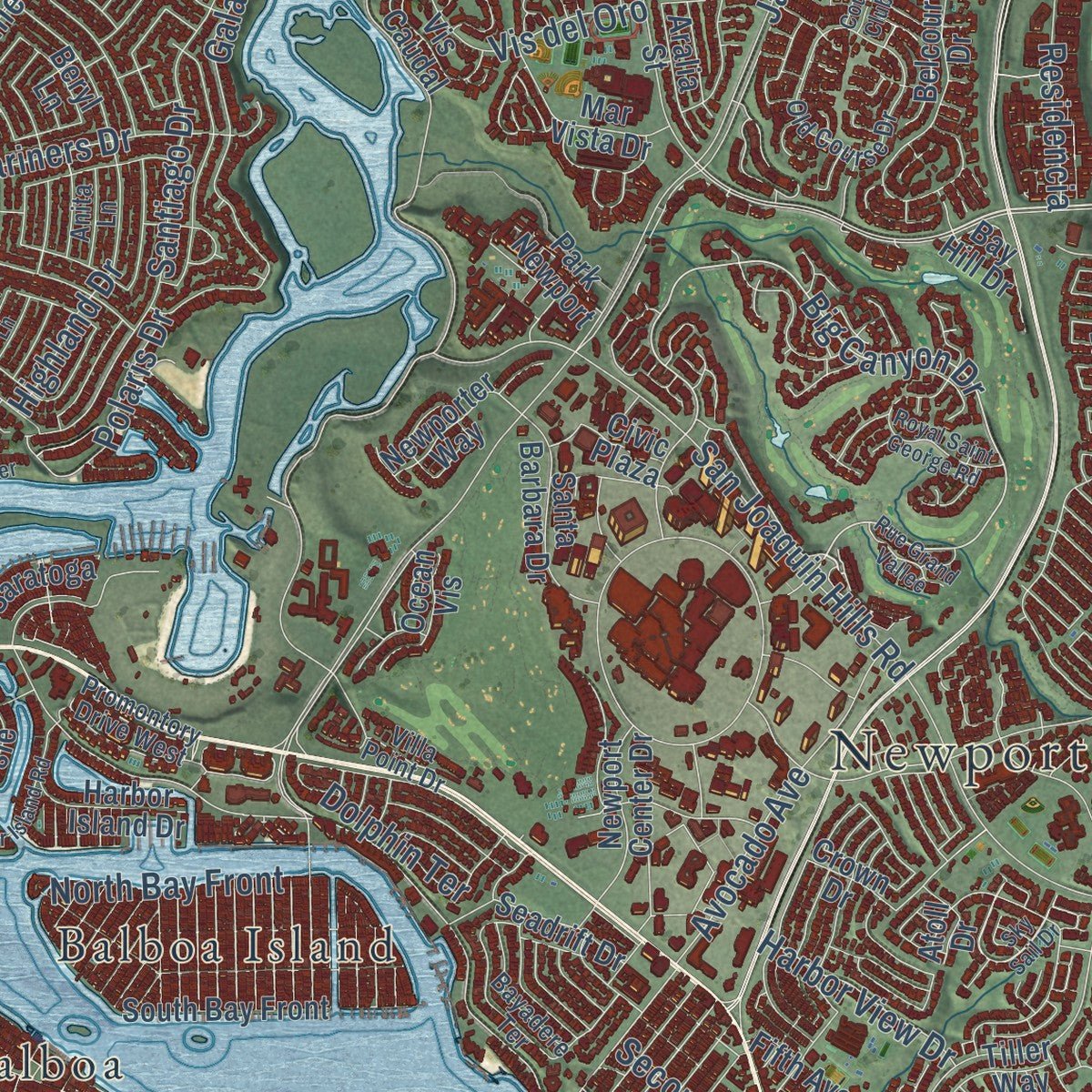 Close-up of the map of Newport Beach, California print showing street and building detail