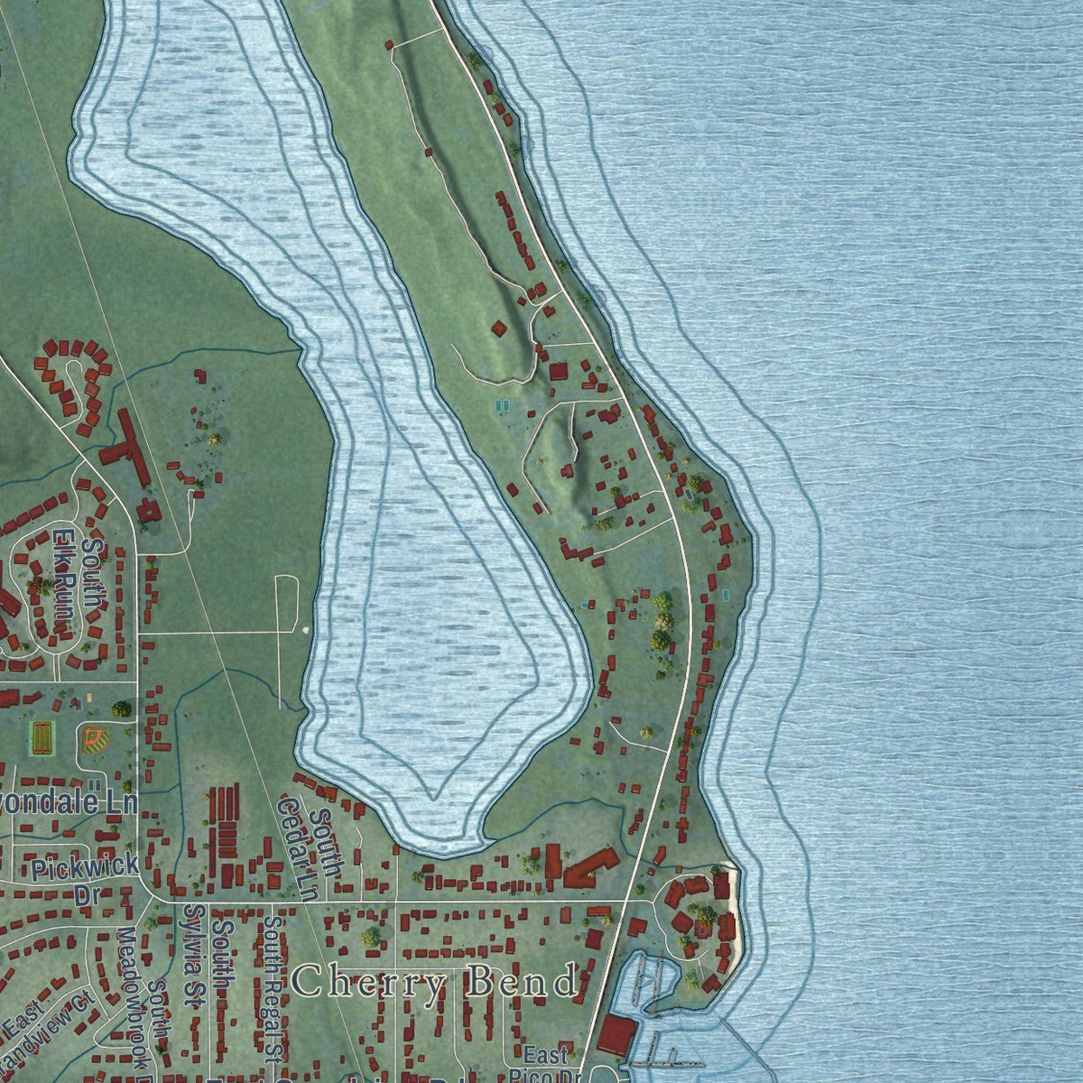 Close-up of the map of Elmwood, Leelanau County, Michigan print showing street and building detail