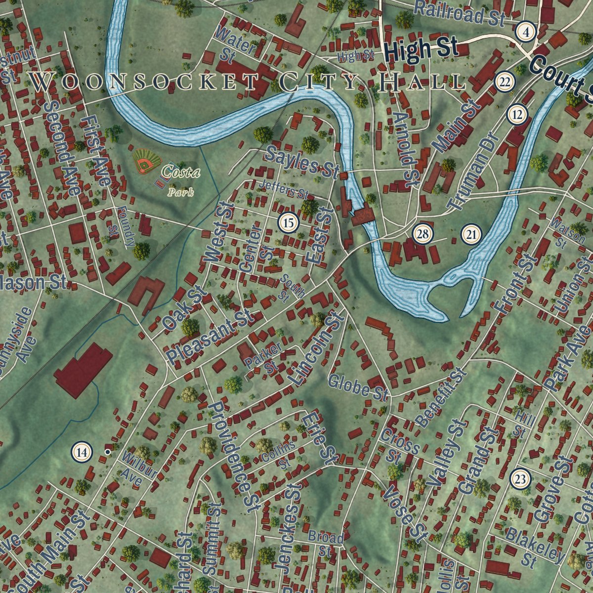 Close-up of the map of Woonsocket, Rhode Island print showing street and building detail