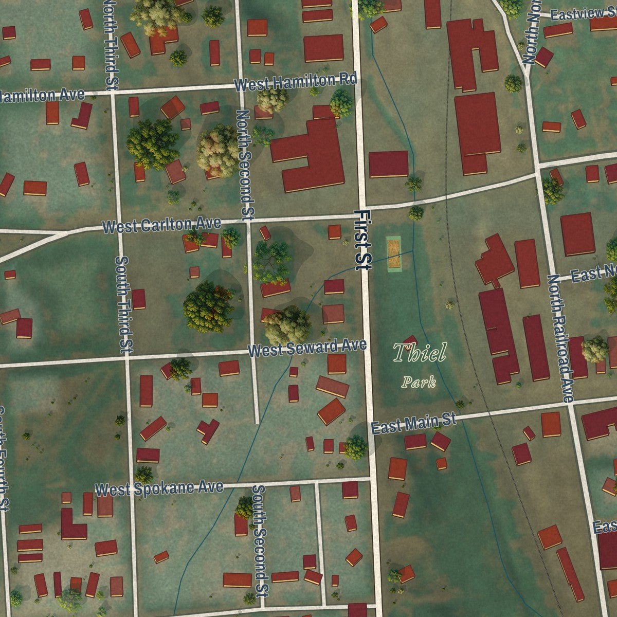 Close-up of the map of Fairfield, Washington print showing street and building detail