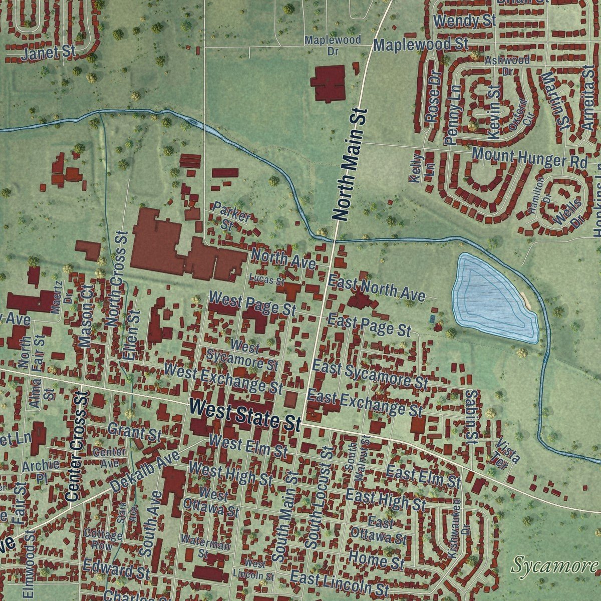Close-up of the map of Sycamore, Illinois print showing street and building detail