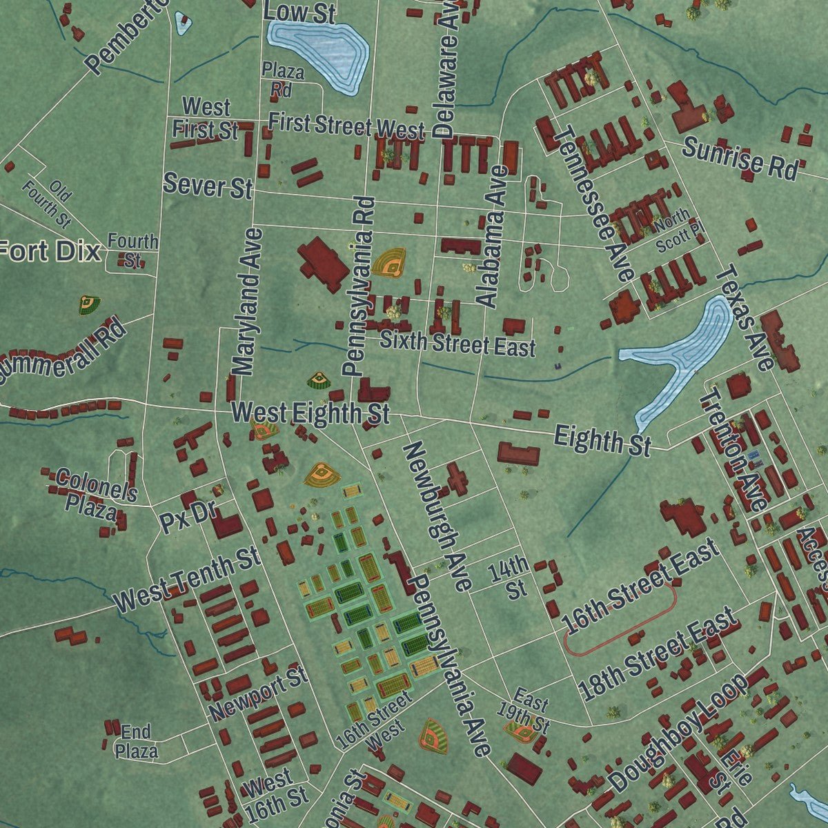 Close-up of the map of New Hanover, New Jersey print showing street and building detail