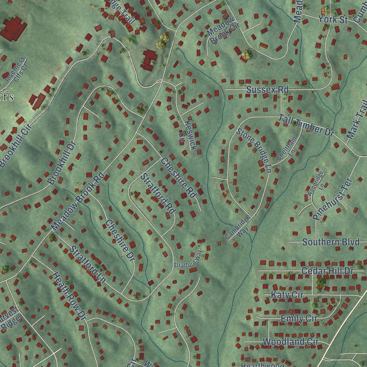 Close-up of the map of Meadowbrook, Alabama print showing street and building detail