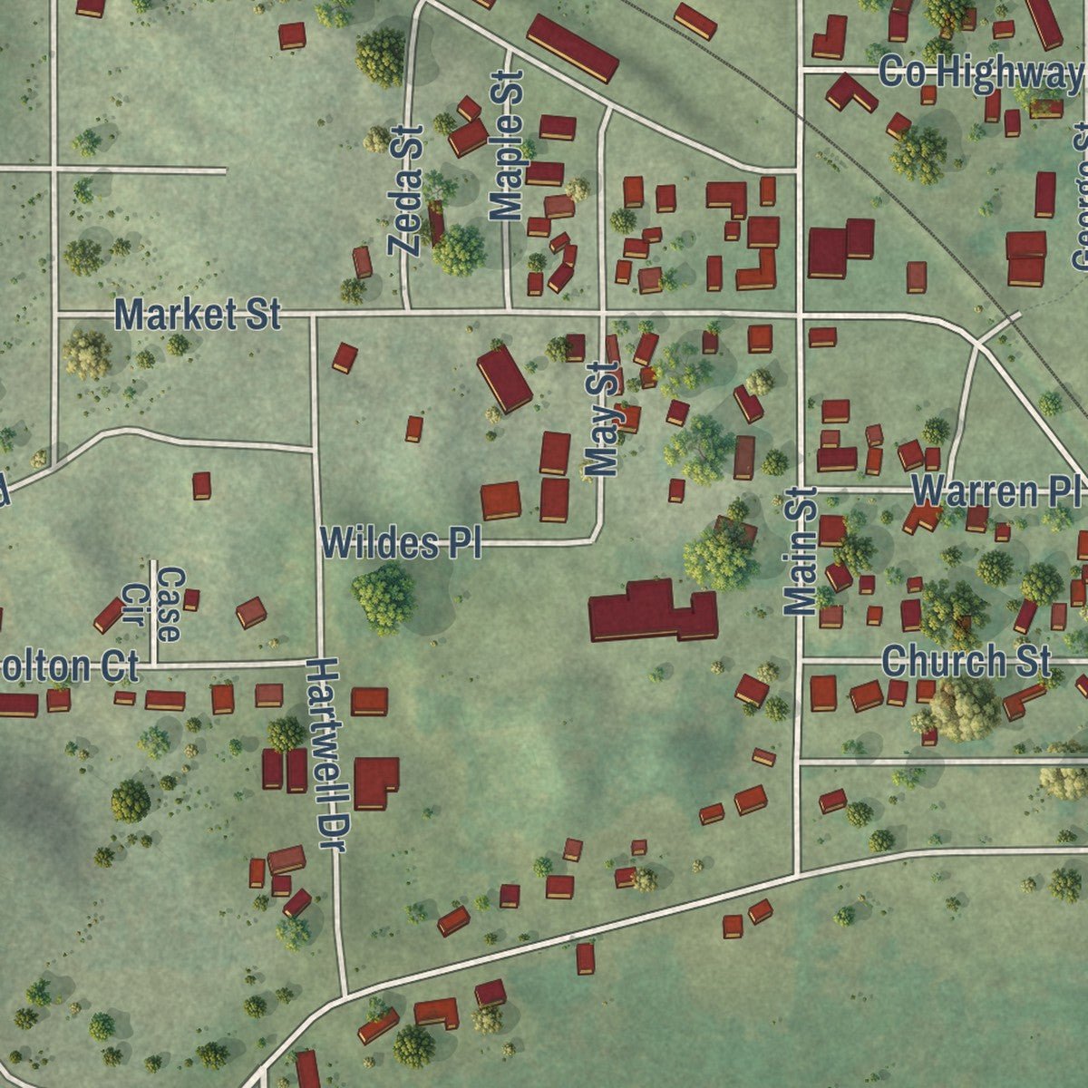 Close-up of the map of Warrens, Wisconsin print showing street and building detail