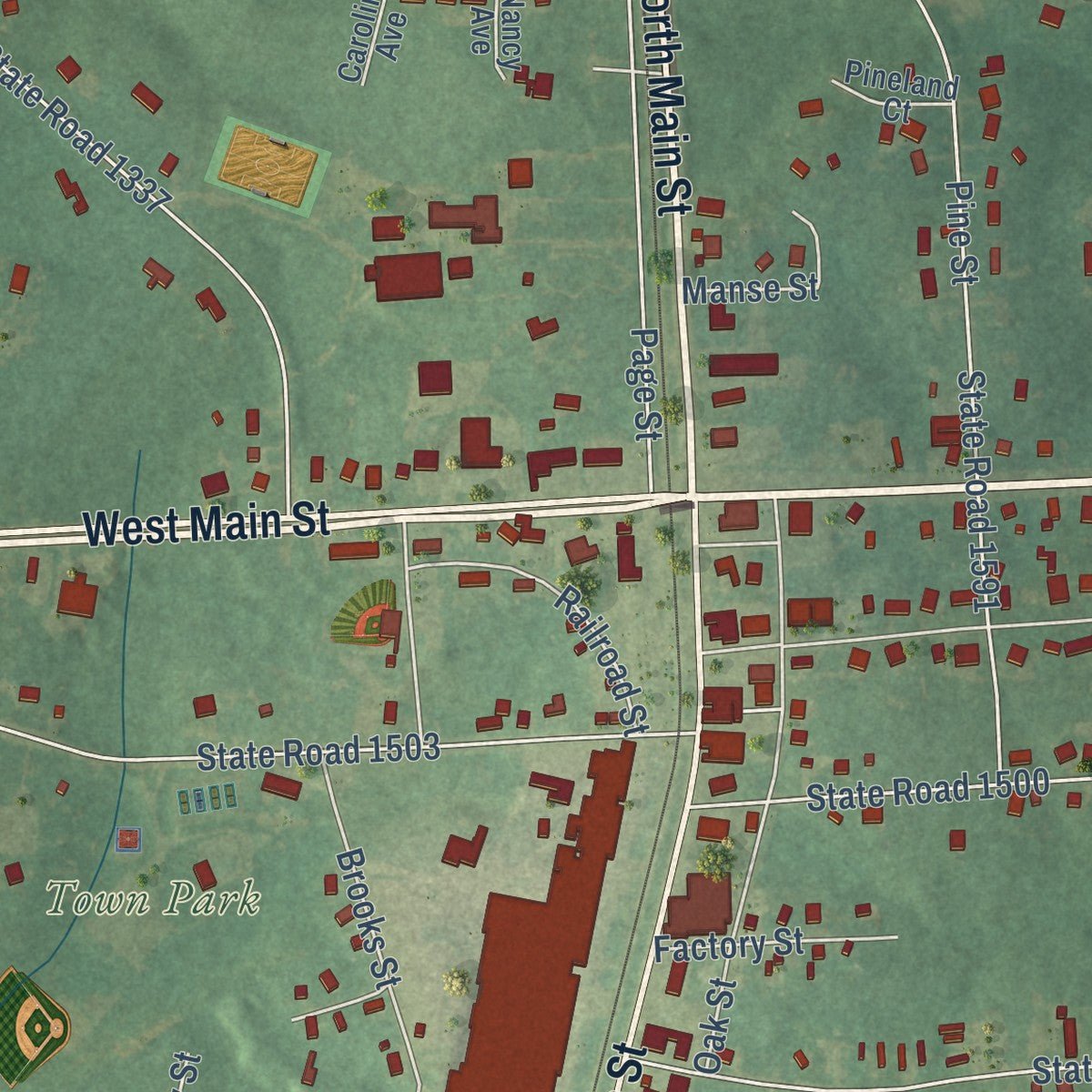 Close-up of the map of Biscoe, North Carolina print showing street and building detail