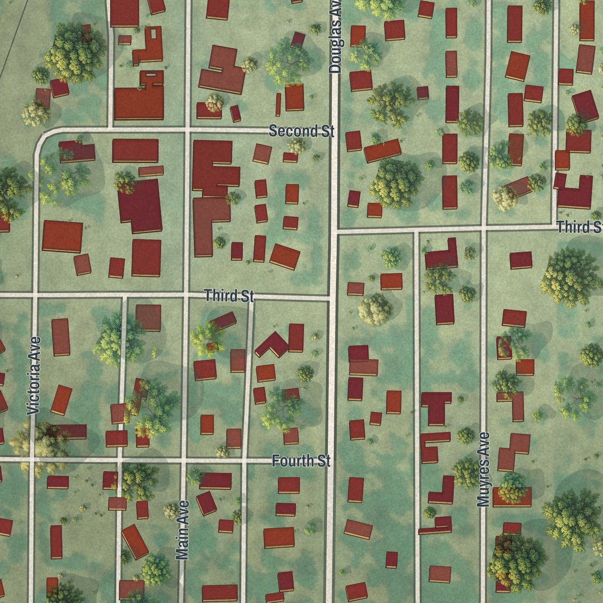 Close-up of the map of Carlos, Minnesota print showing street and building detail