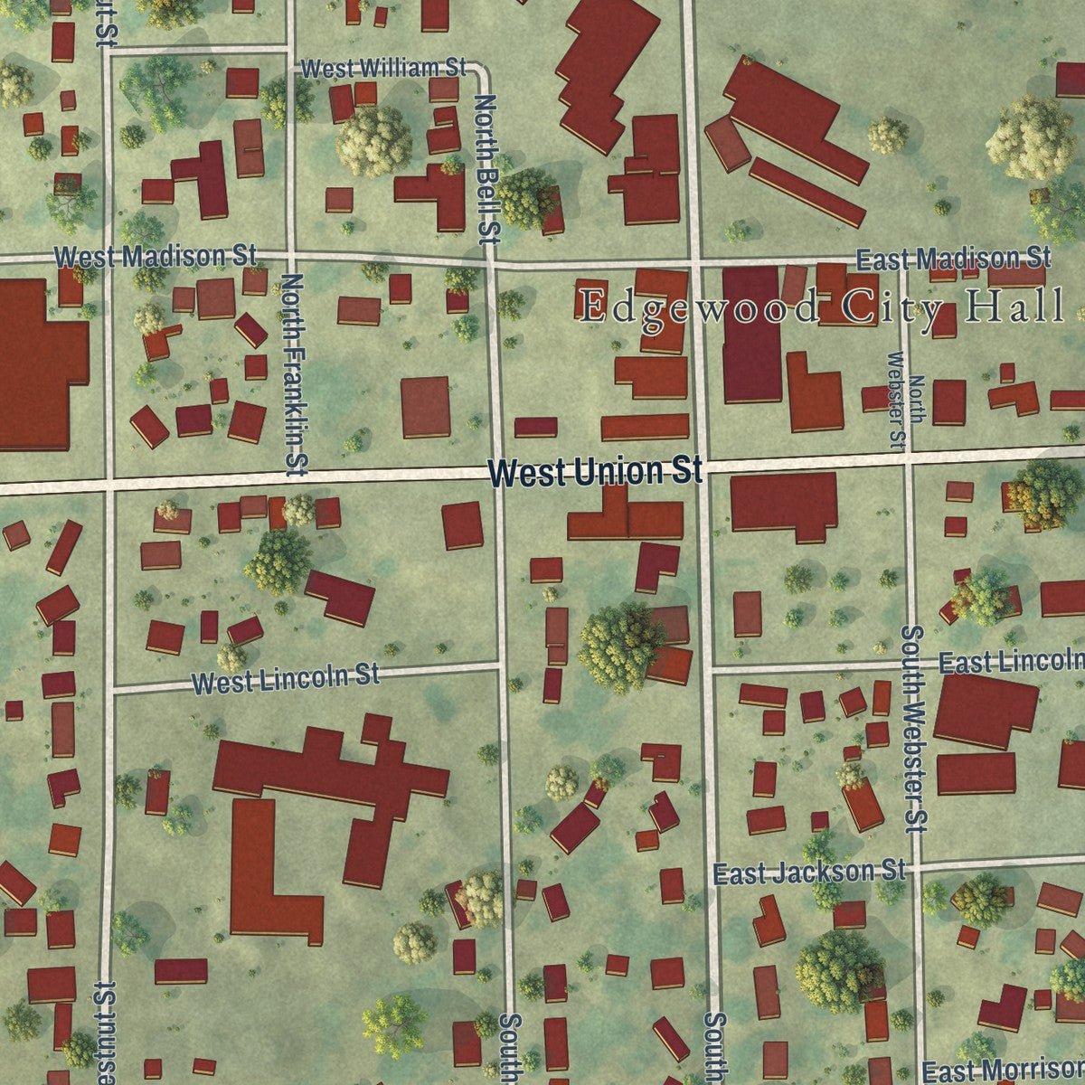 Close-up of the map of Edgewood, Iowa print showing street and building detail