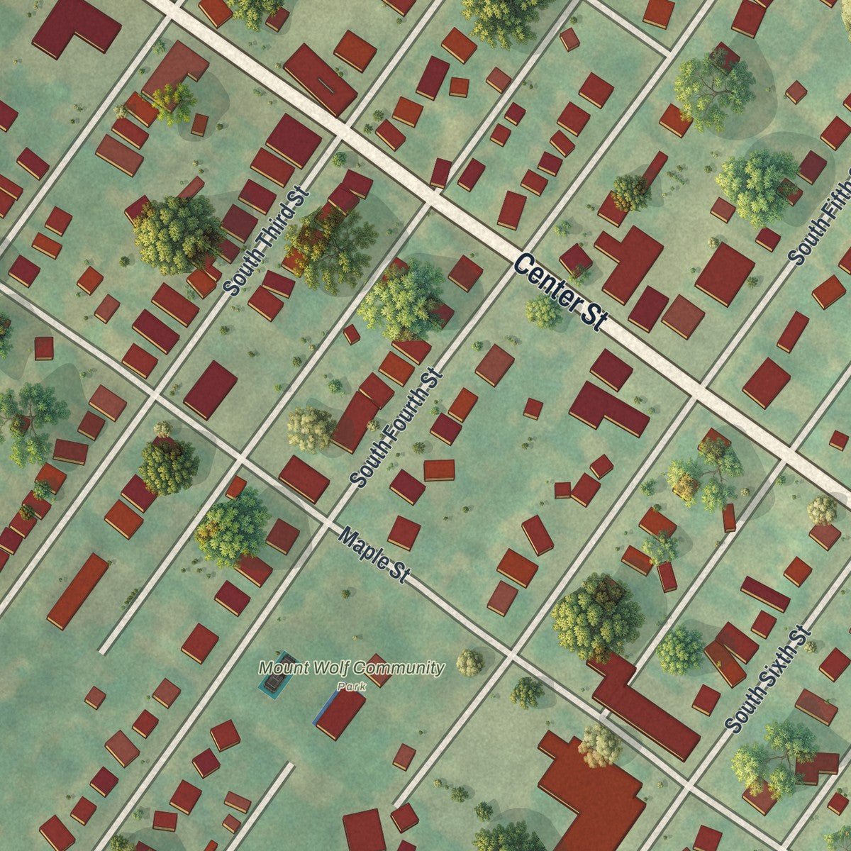 Close-up of the map of Mount Wolf, Pennsylvania print showing street and building detail
