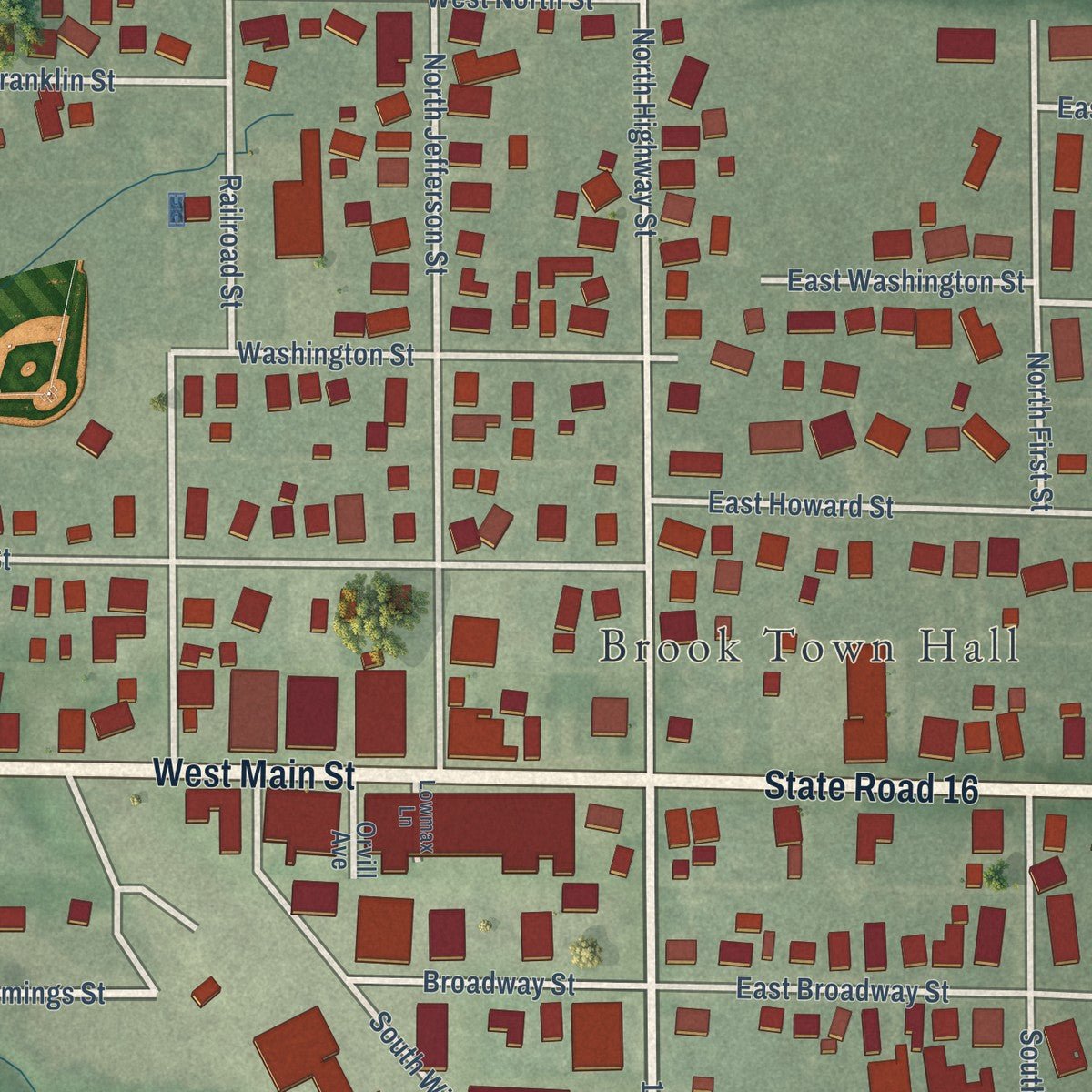 Close-up of the map of Brook, Indiana print showing street and building detail