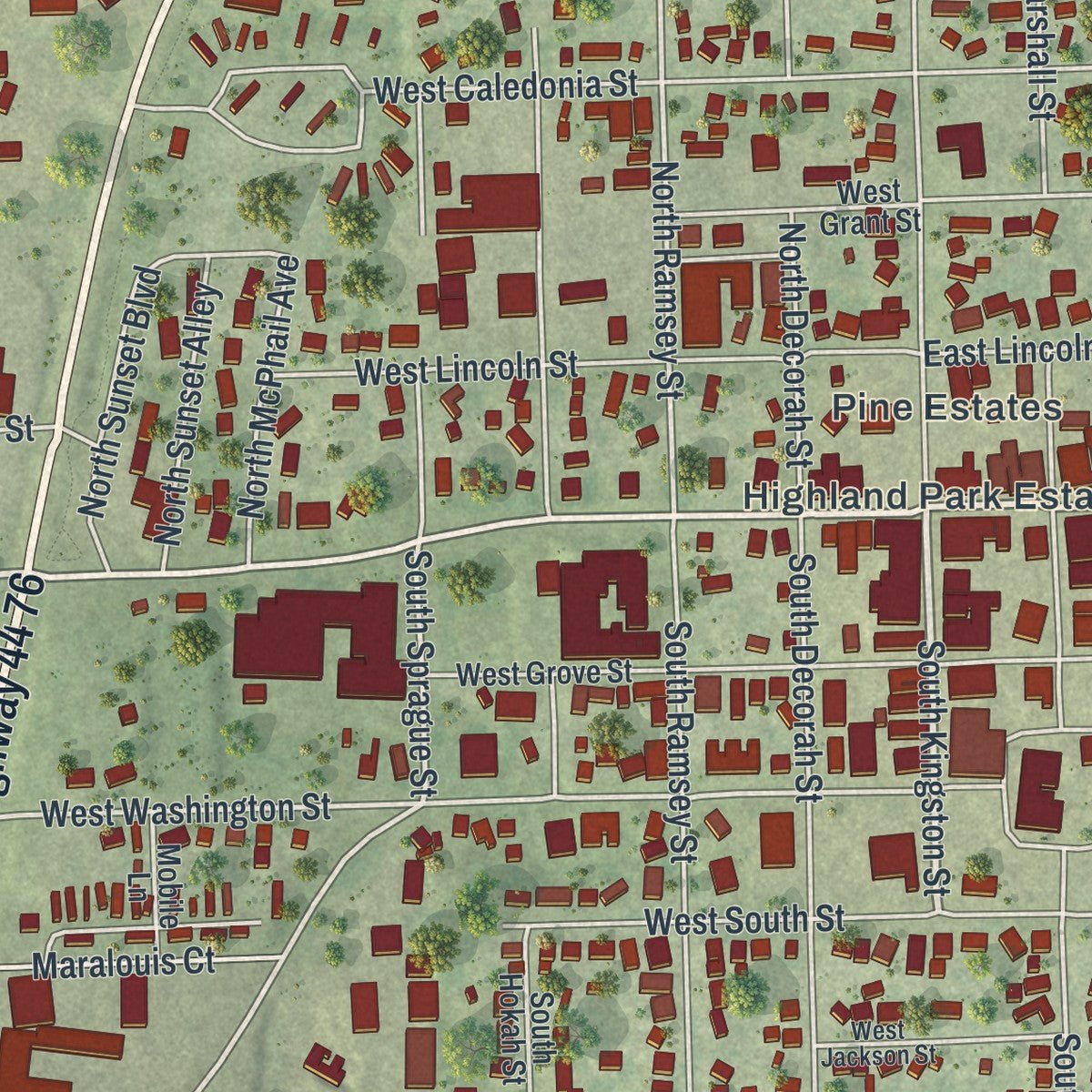 Close-up of the map of Caledonia, Minnesota print showing street and building detail