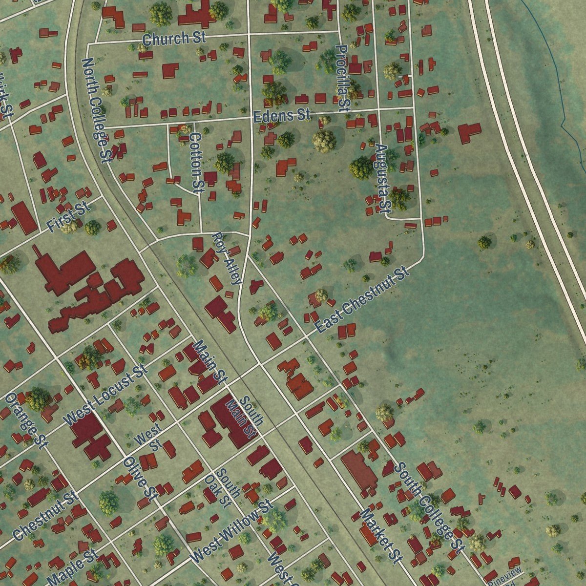 Close-up of the map of Grapeland, Texas print showing street and building detail