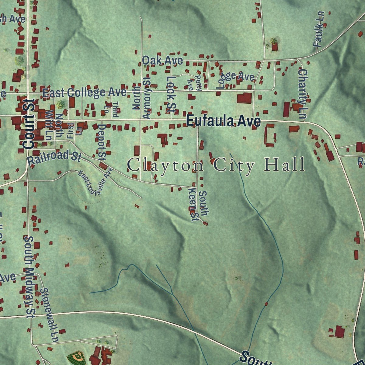 Close-up of the map of Clayton, Alabama print showing street and building detail