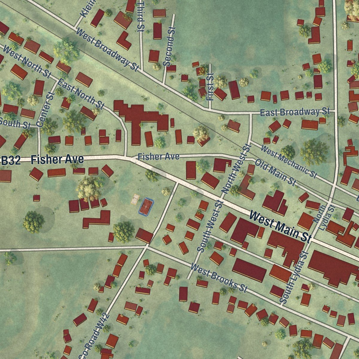 Close-up of the map of Ossian, Iowa print showing street and building detail