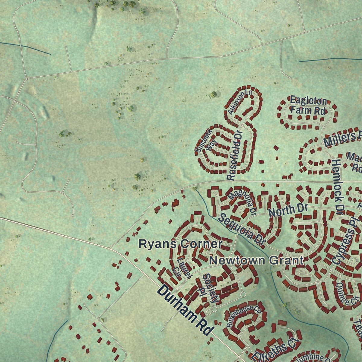 Close-up of the map of Newtown, Bucks County, Pennsylvania print showing street and building detail