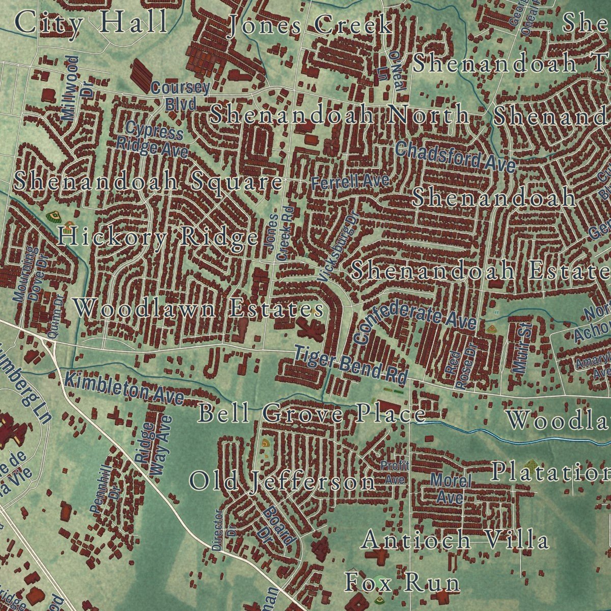 Close-up of the map of St. George, Louisiana print showing street and building detail