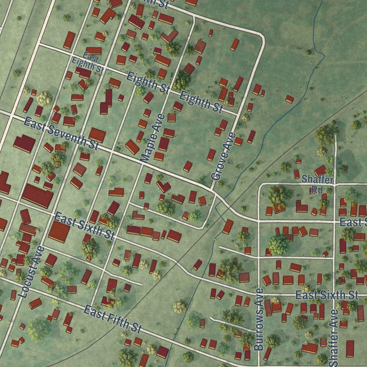 Close-up of the map of Neoga, Illinois print showing street and building detail