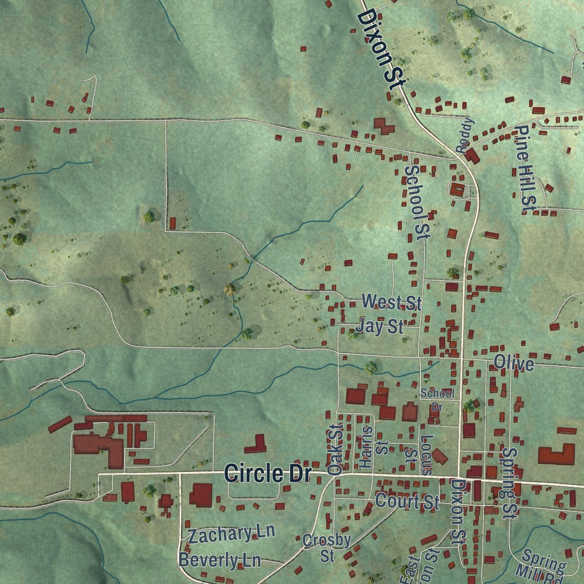 Close-up of the map of Melbourne, Arkansas print showing street and building detail