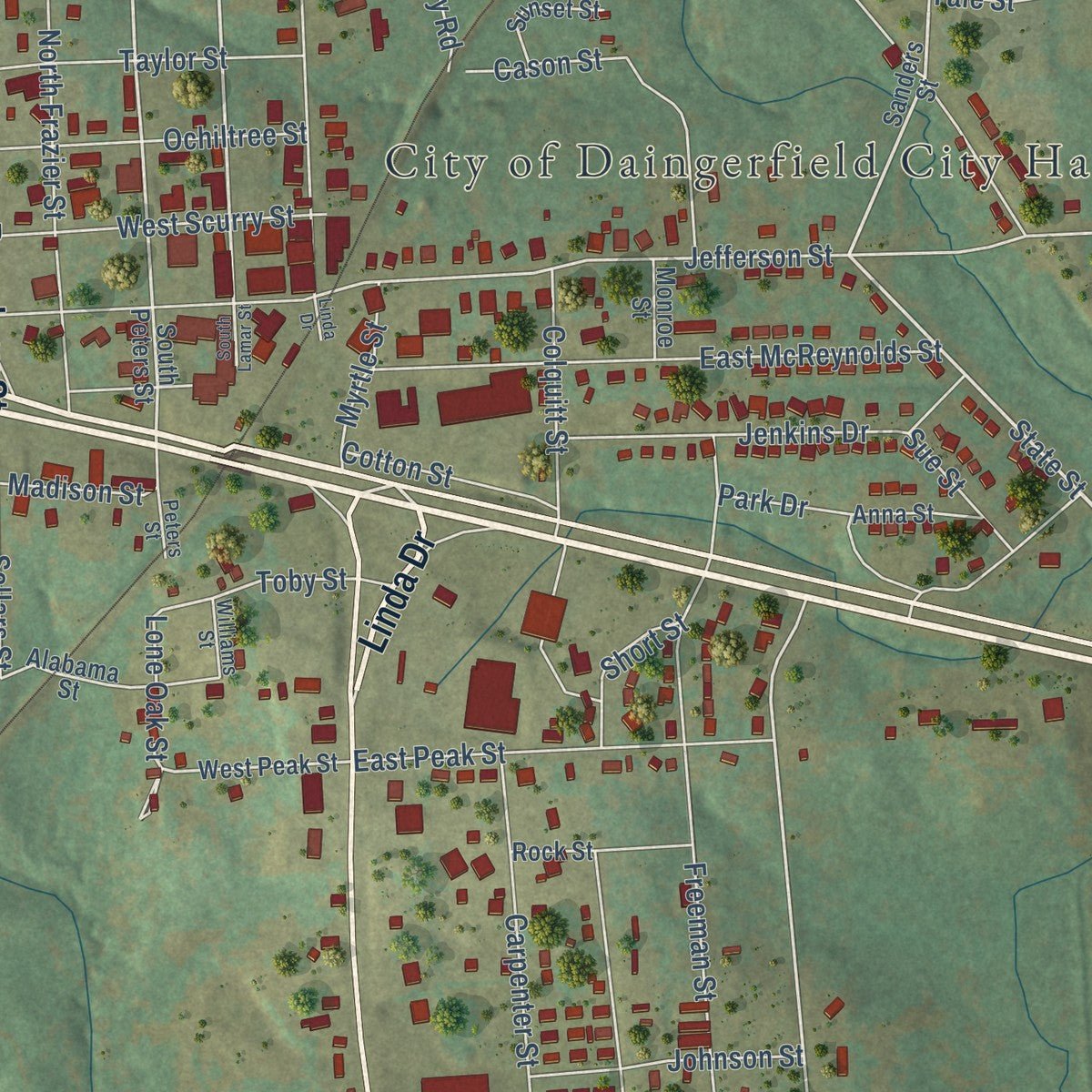 Close-up of the map of Daingerfield, Texas print showing street and building detail
