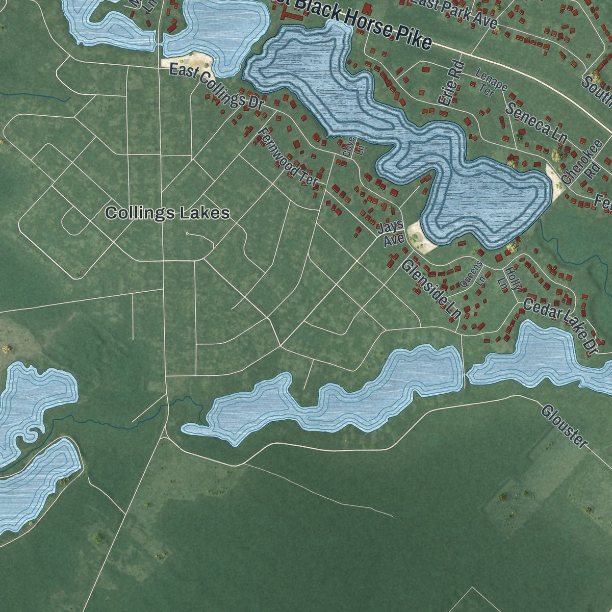 Close-up of the map of Folsom, New Jersey print showing street and building detail
