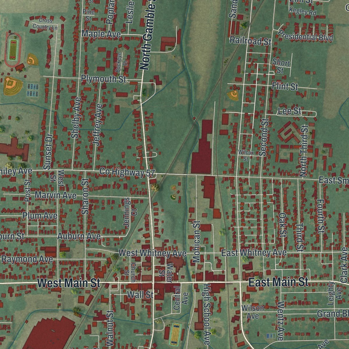 Close-up of the map of Shelby, Ohio print showing street and building detail