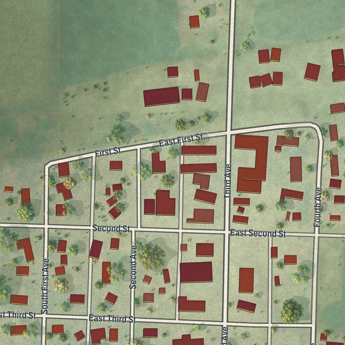 Close-up of the map of Lismore, Minnesota print showing street and building detail
