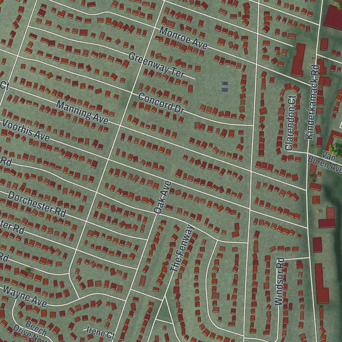 Close-up of the map of River Edge, New Jersey print showing street and building detail