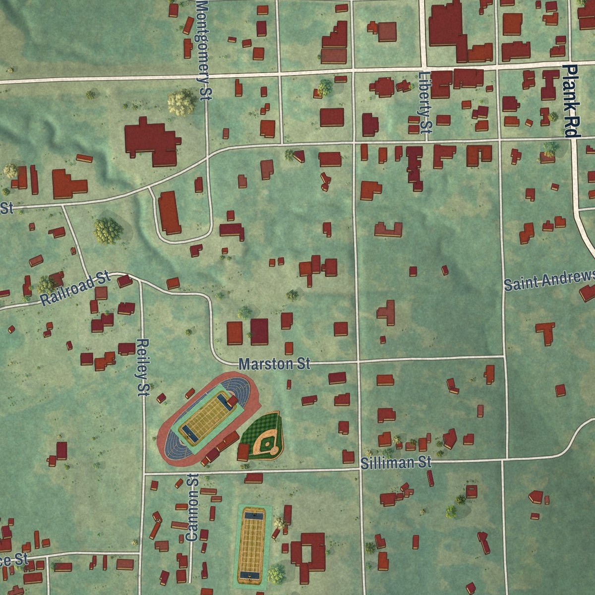 Close-up of the map of Clinton, Louisiana print showing street and building detail