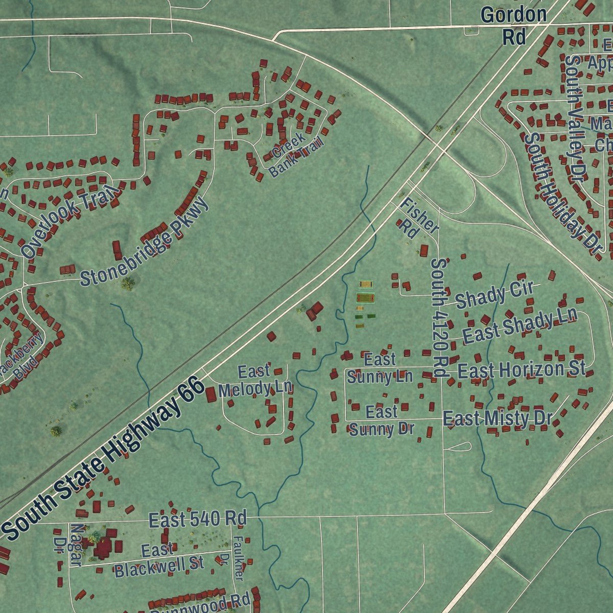 Close-up of the map of Verdigris, Oklahoma print showing street and building detail