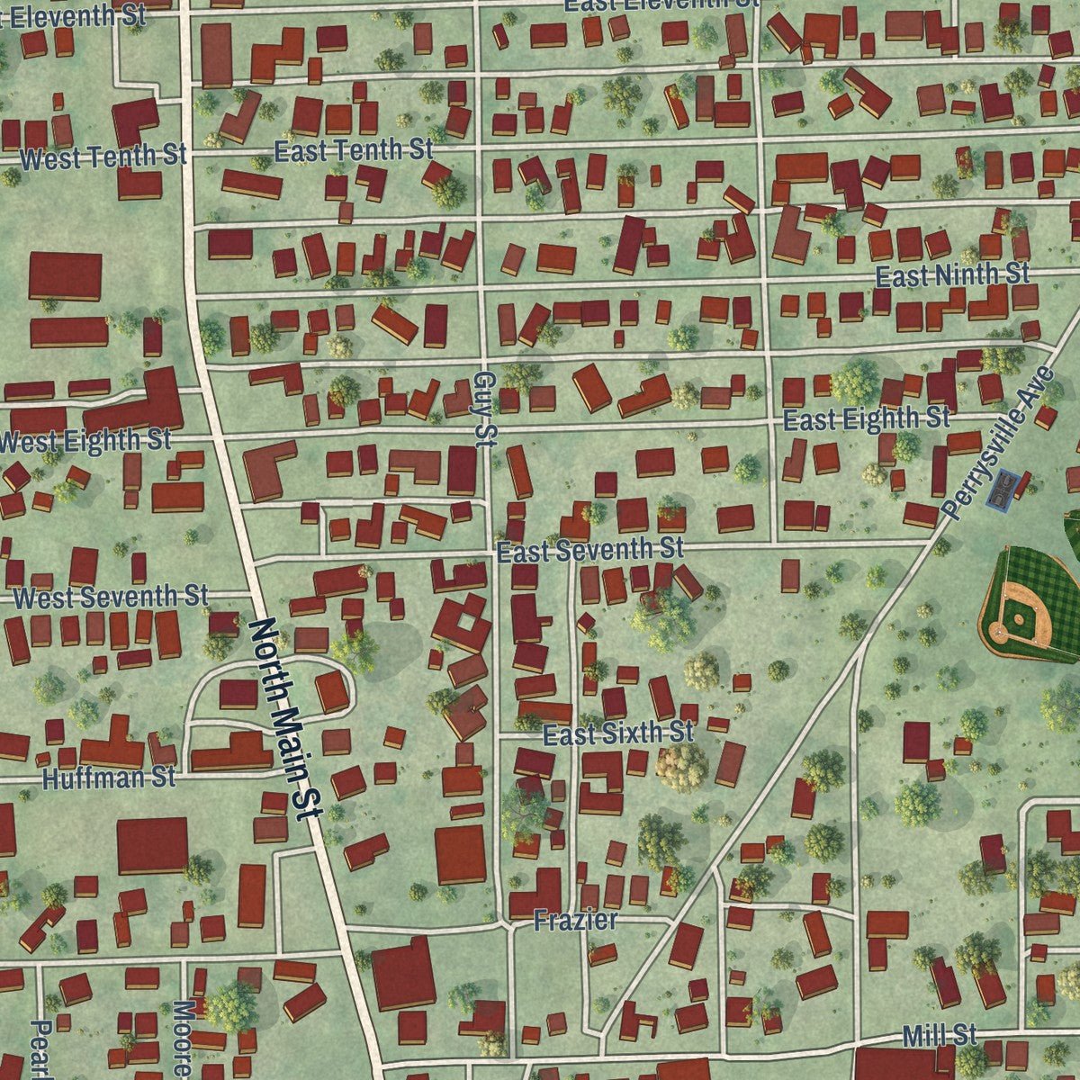 Close-up of the map of Georgetown, Illinois print showing street and building detail