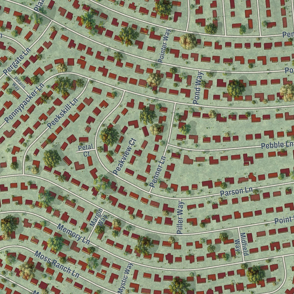 Close-up of the map of Greenbriar, Virginia print showing street and building detail
