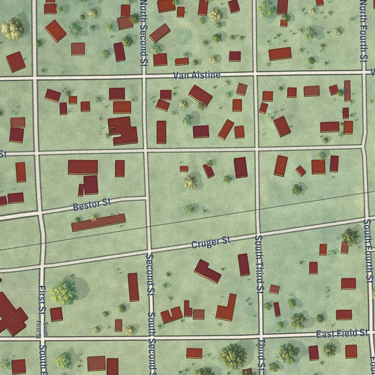 Close-up of the map of Secor, Illinois print showing street and building detail