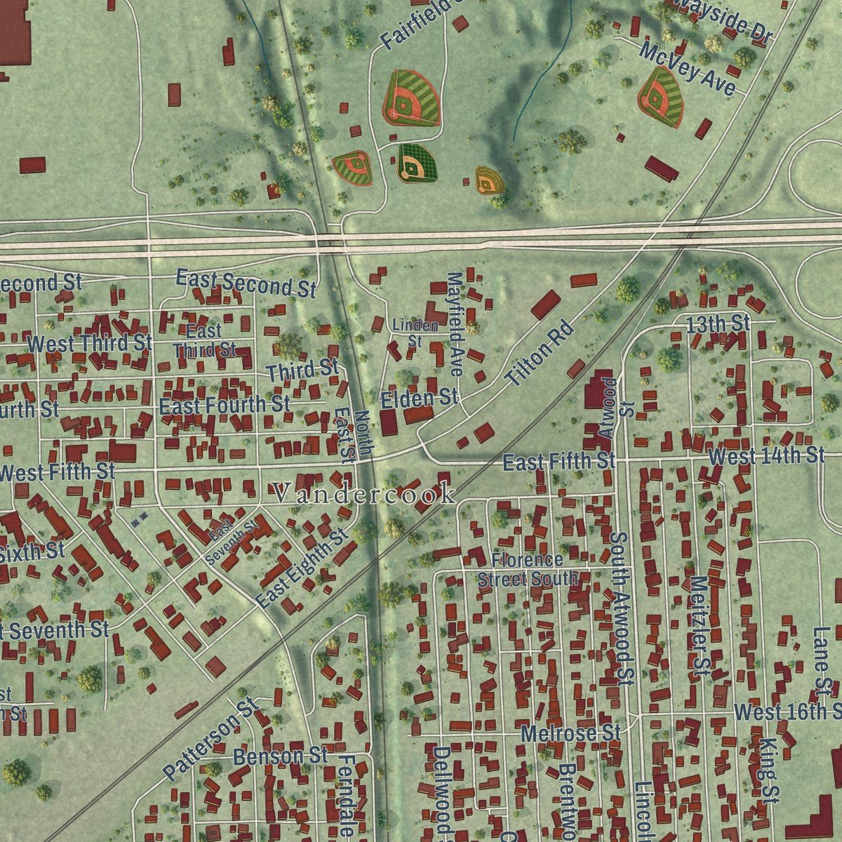 Close-up of the map of Tilton, Illinois print showing street and building detail