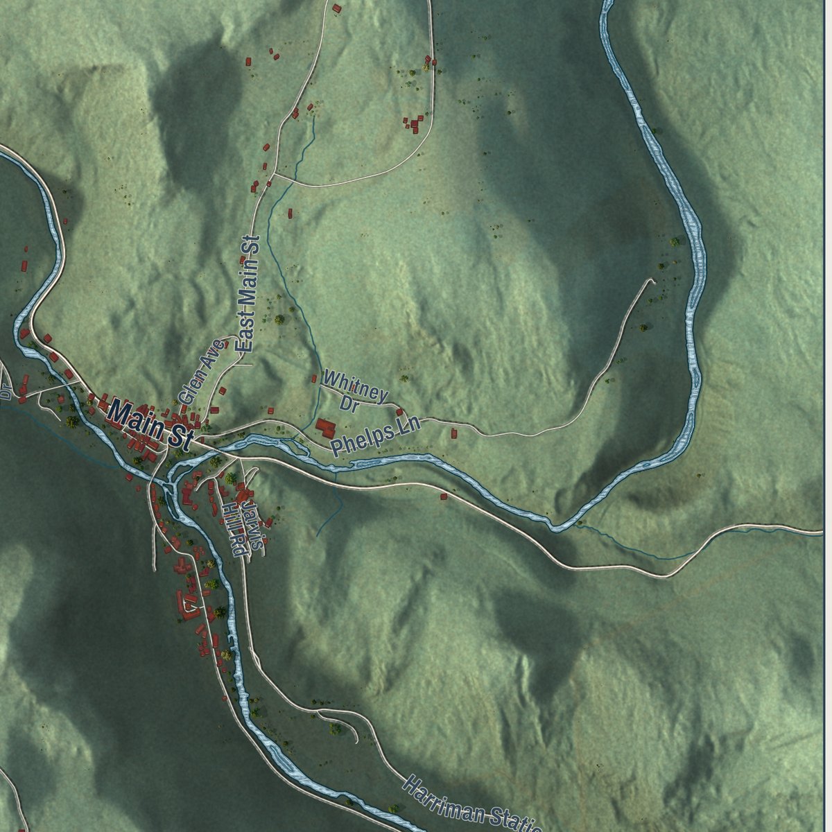 Close-up of the map of Readsboro, Vermont print showing street and building detail