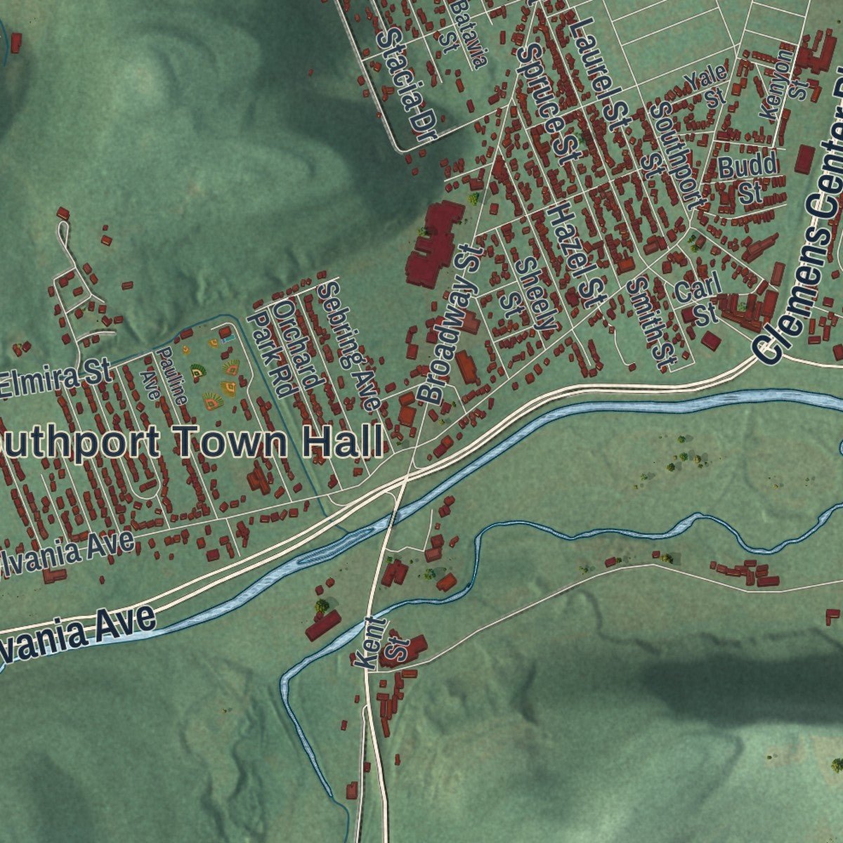Close-up of the map of Southport, New York print showing street and building detail