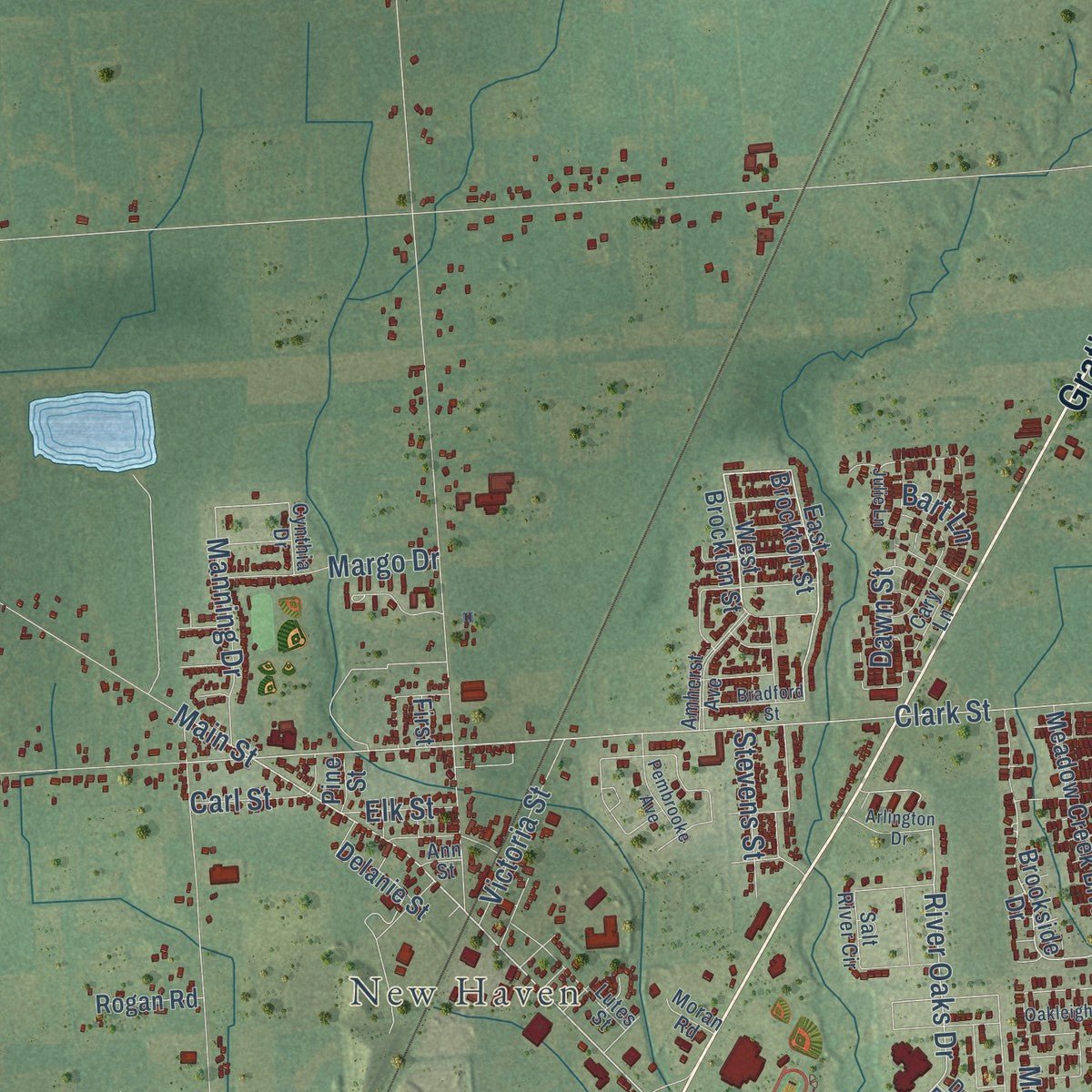 Close-up of the map of Lenox, Michigan print showing street and building detail