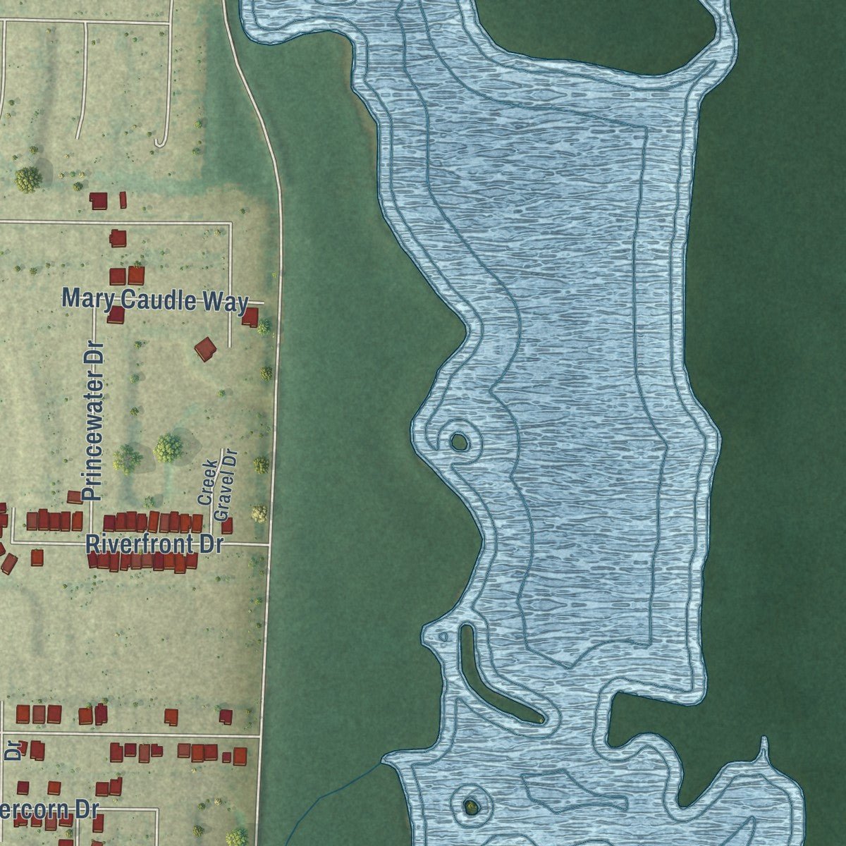 Close-up of the map of Triana, Alabama print showing street and building detail