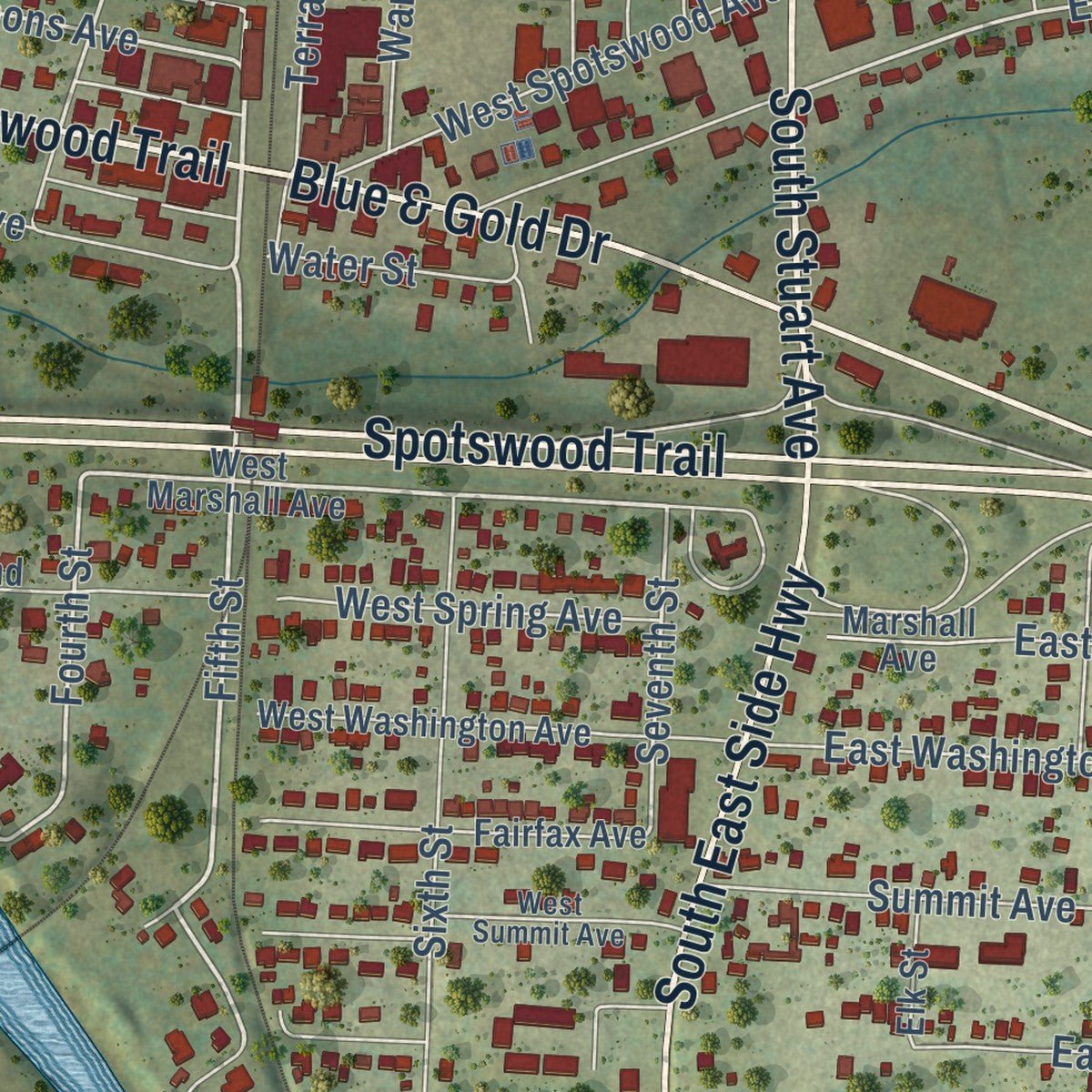 Close-up of the map of Elkton, Virginia print showing street and building detail