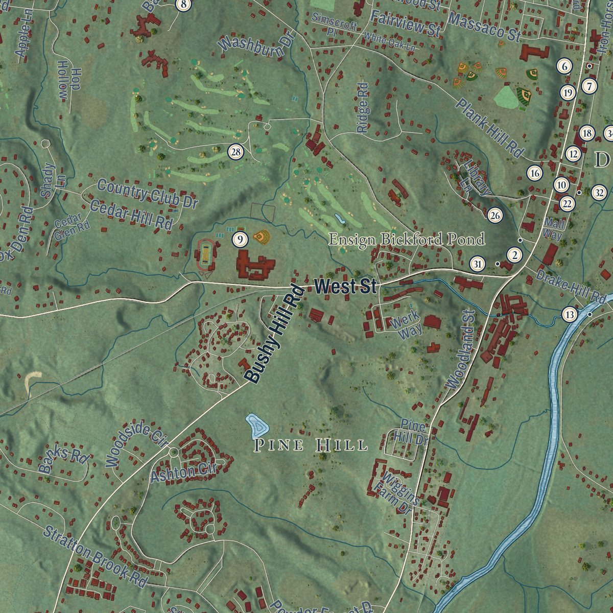 Close-up of the map of Simsbury, Connecticut print showing street and building detail